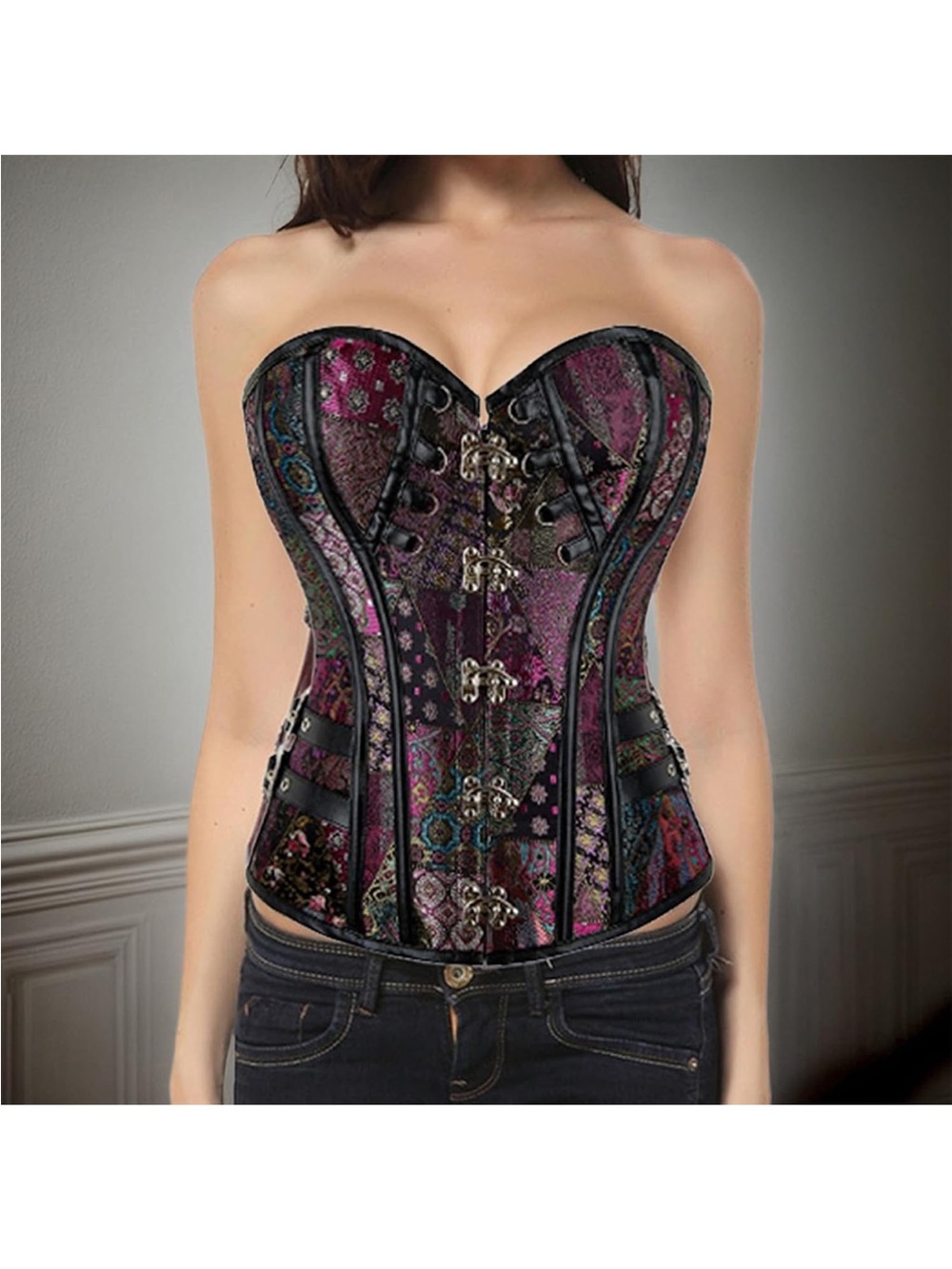 Women's Steampunk Purple Patchwork Corset Top,XXL